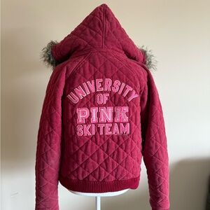 Y2K PINK Victoria's Secret red-pink zip varsity letter jacket fur trimmed sz xs